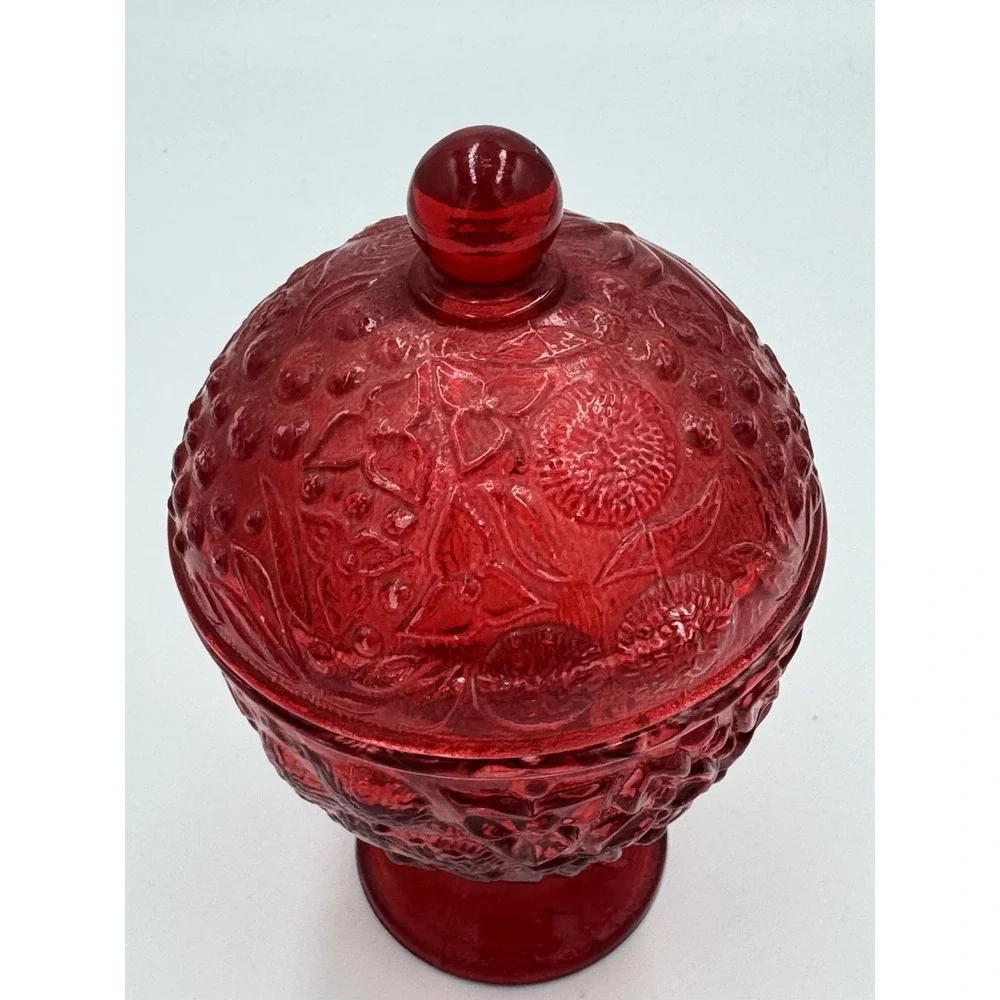 Vintage Avon Ruby Red Embossed Floral Candy Dish with Lid